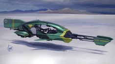 an artist's rendering of a flying vehicle in the middle of a snowy landscape