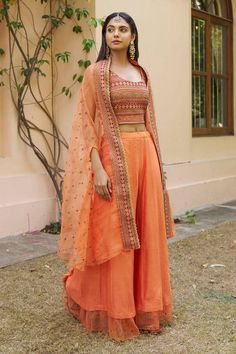 Orange cape style dupatta with multicolor thread embroidery and cutwork border. Paired with embroidered crop top and sharara. - Aza Fashions Dresses Traditional, Orange Crop Top, Embroidered Crop Tops, Indian Dresses Traditional, Cape Style, Sharara Set, Thread Embroidery, Cut Work, Set For Women