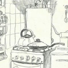 a drawing of a stove in a kitchen