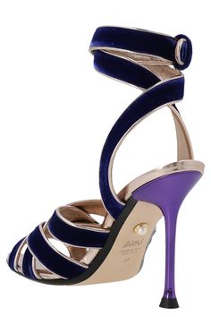 'Liza' leather sandals with blue velvet bands crossed at the front, double row ankle strap, purple heel and pointed toe. Composition: Latest Sandal, Purple Heels, T Strap Flats, Crossbody Tote Bag, Blue Sandals, Toe Sandals, Slingback Sandal, Blue Velvet, Heeled Sandals