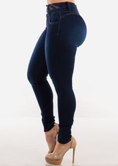 Blue Color
Butt lifting design. Belt loops. Denim. 
Skinny. Zip up 3 button closure . No back pockets, 2 functional front pockets, 1 functional front coin pocket.  Stretchy Material made from 80% Cotton, 16% Polyester, 4% Spandex Machine wash cold; Tumble dry low Rise approx 10''. Inseam is 29''. Leg opening is 8". High Waist.   Imported
Measured from and model wearing size 5 
 SKU: 10373H_H975DKBLU Fitted Dark Wash Jeans With Pockets, Slim Jeans Medium Wash With Pockets, Slim Blue Jeans With Pockets, Blue Slim Jeans With Pockets, Slim Denim Blue Bottoms With Pockets, Fitted Denim Jeggings With Pockets, Stretch Jeans With Pockets In Dark Wash, High Rise Dark Wash Bottoms With Side Pockets, Dark Wash High Rise Bottoms With Side Pockets