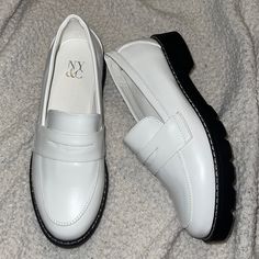 Literally Brand New. Not Worn And No Wear To Them. Classic White Platform Loafers With Round Toe, Trendy White Slip-on Platform Loafers, White Classic Platform Loafers For Spring, White Platform Loafers For Office Fall Season, White Oxfords For Spring Workwear, White Round Toe Platform Loafers For Spring, Trendy Slip-on Oxfords For Spring, White Closed Toe Platform Loafers For Work, White Low-top Trendy Loafers