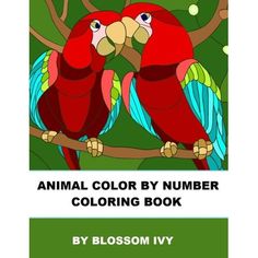 an animal color by number coloring book with two parrots sitting on a tree branch