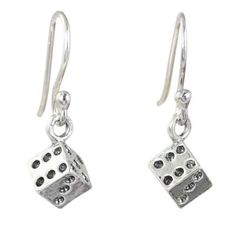 Tempting Lady Luck silver dice dance on sterling wires. Wadarat Supasirisuk presents these whimsical handcrafted earrings. .925 Sterling silver Fun Silver Earrings, Adjustable Silver Novelty Jewelry, Nickel Free Novelty Sterling Silver Earrings, Nickel Free Sterling Silver Novelty Earrings, Novelty Sterling Silver Nickel-free Earrings, Nickel-free Novelty Drop Earrings, Nickel-free Sterling Silver Novelty Earrings, Novelty Sterling Silver Charm Jewelry, Novelty Sterling Silver Jewelry With Charms