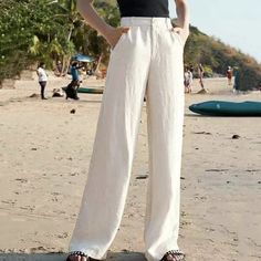 Thin Baggy Cotton Linen Pants Women Elegant High Waist White Wide Leg – Queencloth Cotton Linen Pants Women, Formal Pants Women, Bohemian Pants, White Wide Leg Pants, Pants Woman, Woman Casual, Cotton Linen Pants, Mode Casual, Wide Leg Linen Pants