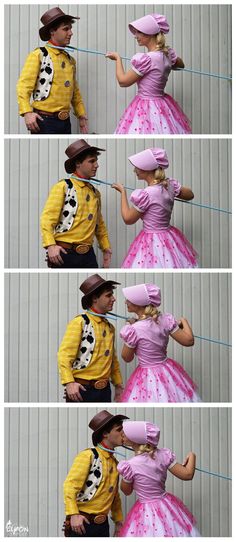 three pictures of people dressed in costumes and hats, one is pointing at the other