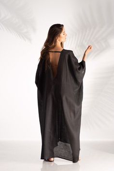 "Black Linen Dress, Plus Size Linen, Caftan Lounge Dress ♛ All of Rosche's pieces are created with the sole purpose that YOU feel beautiful! Enjoy unique details in combination with high-quality materials every day and make an statement every place you go! ♛ Perfect for every occasion! ♛ Materials & Care: Linen ♛ Delivery: Ready to ship in 3-5 business days. I ship all my pieces express! Express shipping estimates: * USA & Canada ~ 2-3 business days * EU ~ 2-3 business days * Australia, Oversized Elegant Beach Midi Dress, Elegant Oversized Midi Dress For Beach, Oversized Elegant Midi Dress For Beach, Chic Black Maxi Dress With Kimono Sleeves, Black Tunic Kaftan For Evening, Oversized Black Tunic For The Beach, Oversized Black Tunic For Beach, Oversized Black Kaftan For Beach Cover-up, Long Black Summer Tunic