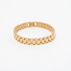 Gold genderless link bracelet stacking jewelry Gold Rectangular Stainless Steel Chain Bracelet, Tarnish Resistant Stainless Steel Chain Link Bracelets, Stainless Steel Tarnish Resistant Chain Link Bracelets, Timeless Stainless Steel Jubilee Chain Bracelet, Gold Stainless Steel Oval Link Bracelets, Modern Gold-tone Stainless Steel Chain Bracelet, Gold Cuban Link Bracelet In Modern Style, Modern Gold Cuban Link Bracelet With Box Chain, Gold Cuban Link Bracelet With Modern Style