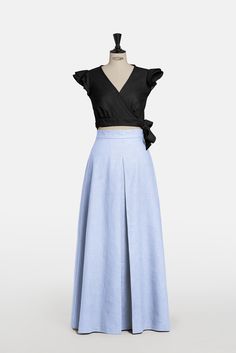 Long linen skirt with pockets and high waistband in light blue. The A-line skirt is a wide skirt perfect for special occasions. It has a nice pleat on the front. Skirt length: 110 centimeters; 43,3 inches Care recommendations: Cold water washing (no more than 30 degrees Celsius) is preferred, as well as machine washing in delicate mode. Use mild detergents. Don't use bleach. Do not tumble dry. Spring A-line Voluminous Maxi Skirt, Summer Voluminous Wide-leg Maxi Skirt, Relaxed Wide Leg Maxi Dress For Spring, Spring Maxi Dress With Relaxed Skirt And Wide Leg, Chic Blue A-line Maxi Skirt, Spring Maxi Dress With Voluminous Flared Skirt, Spring Maxi Dress With Flared Gathered Skirt, Spring Maxi Dress With Gathered Flared Skirt, Voluminous Flared Wrap Skirt For Spring