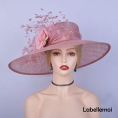 Large brim sinamay hat with feather flower&silk flower Brim width:19.5cm in the biggest part Crown height: 10cm Head size: 57cm also with elastic to adjust it to be smaller Ideal for wedding/party/races/church It is handmade product and every hat is well inspected before shipment,no return accepted.But please do contact us if you have any problems on your order.Thanks for your supports. Pink Sinamay Fascinator For Church, Formal Pink Hats With Feathers, Spring Curved Brim Hat For Mother Of The Bride, Formal Pink Feathered Hats, Wide Brim Hats For Mother Of The Bride, Pink Feathered Formal Hat, Pink Summer Hat With Feathers, Pink Feathered Summer Hat, Adjustable Fascinator For Mother Of The Bride In Summer