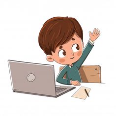 a boy sitting at a desk with a laptop