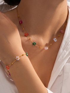 Collar  Acero Inoxidable   Embellished Steel Flowers, Women's Jewelry Sets, Summer Jewelry, Stainless Steel Necklace, Flower Jewellery, Fashion Jewelry Necklaces, Elegant Jewelry, Beaded Flowers, Bracelet Set