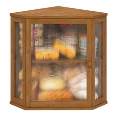 a wooden display case filled with lots of food