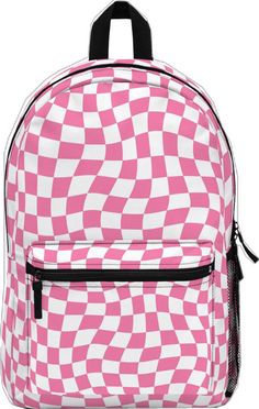 Pink Preppy Rectangular Backpack, Preppy White Rectangular Backpack, Preppy White Standard Backpack, Pink And White Checkered, Wavy Design, Checkered Print, Pink Backpack, School Backpack, Backpack Purse