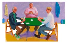 three men sitting at a table playing cards with one man holding his hand out to the other