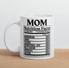 a white coffee mug with nutrition labels on it