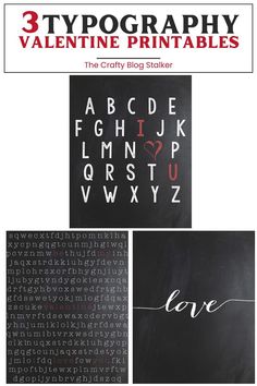 three typography valentine printables on black paper