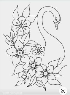 a black and white drawing of a swan with flowers