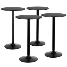 three round tables with black bases on each side and one in the middle, set against a white background