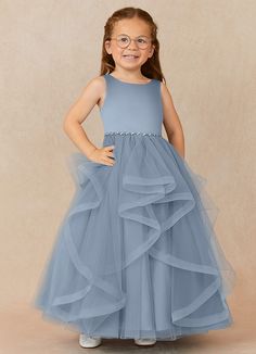 We encourage all our flower girls to feel like the princess they are while wearing Sofia. Made from matte satin and tulle, her bateau neckline and narrow hand beaded belt sits atop a frothy layered handkerchief skirt, trimmed with horsehair for whimsical movement with every step. Dusty Blue Flower Girl, Young Bridesmaid Dresses, Silver Flower Girl Dress, Blue Flower Girl, Dusty Blue Dress, Flower Girl Dresses Blue, Tulle Flower Girl, Blue Dress Formal, Beaded Tulle