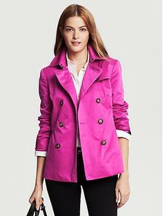 I want this Pink Short Trench from BR Pink Fitted Outerwear For Business Casual, Pink Double-breasted Outerwear With Hidden Buttons, Pink Double-breasted Outerwear For Office, Classic Pink Outerwear With Double-breasted Button, Classic Pink Double-breasted Outerwear, Pink Blazer With Hidden Button Closure For Fall, Pink Workwear Blazer With Button Cuffs, Pink Outerwear With Lapel Collar And Double-breasted Fastening, Chic Spring Outerwear With Spread Collar