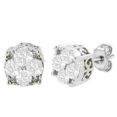 Elegant and timeless, these silver studs are set with stunning lab-grown diamonds that will shine bright on your ears. Varied sizes of round-cut diamonds make up the central design of this piece for a total carat weight of 1/2 cttw. The diamonds are set in genuine .925 sterling silver, plated with rhodium (a platinum-family metal) for a lifetime of tarnish-free wear. These earrings come with a screw-back mechanism for a secure and safe fit. Elevate your everyday wear or liven up any formal outfit with these beautiful earrings. Stud Style, Classic Earrings, Earrings Studs, Earrings Collection, Diamond Cluster, Sterling Silver Studs, Sterling Silver Earrings Studs, Round Brilliant Cut Diamond, Stud Earring