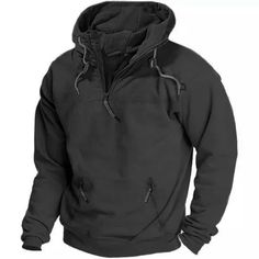 Mens Outdooor 1/4 Zip Hooded Military Tactical Sweatshirt Hoodie Black Half-zip Hoodie For Outdoor, Outdoor Hoodie With Drawstring Hood, Techwear Hoodie With Kangaroo Pocket For Outdoor, Techwear Long Sleeve Hoodie For Hiking, Techwear Hoodie Sweatshirt For Outdoor, Outdoor Techwear Hoodie Sweatshirt, Long Sleeve Techwear Hoodie For Hiking, Black Military Style Windbreaker For Outdoor Work, Military Style Black Windbreaker For Outdoor Work