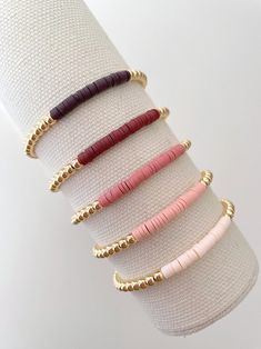 14k Gold Heishi Color Block Bracelet – georgia layne Cheap Trendy Stretch Bracelet, Pink Heishi Beads Stretch Bracelet, Everyday Pink Heishi Beads Stretch Bracelet, Everyday Stackable Heishi Beads Stretch Bracelet, Gold Stacked Heishi Beads Stretch Bracelet, Homemade Bracelets, Clay Bracelet, Diy Bracelet Designs, Diy Bracelets Patterns