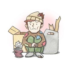 a drawing of a man sitting in front of an open box with his hands on his chest