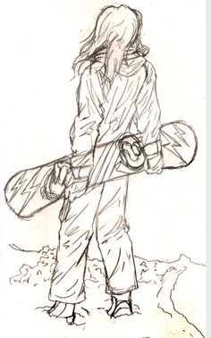 a drawing of a woman holding a snowboard in her hands and looking down at the ground