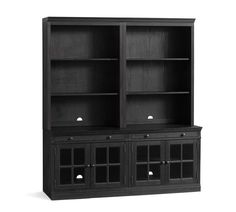 a black bookcase with glass doors and drawers