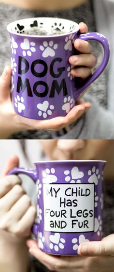 a woman holding a purple coffee mug with her dog mom written on the bottom and paw prints on the inside