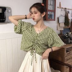 V-Neck Cute Plaid Lace Tie Short Sleeve Shirts – Nada Outfit Land Girls Ulzzang, Bandage Crop Top, Patch Work Blouse, Transparent Fashion, Y2k Aesthetic Outfits, Tie Shorts, Mori Girl, Women Blouses, Elegant Chic