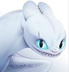 an animated white cat with blue eyes and big, sharp fangs on it's face