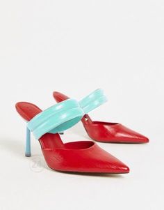 Red Fashion, Ruby Red, Mule Shoe, Metallic Silver, Kitten Heels