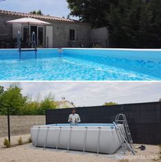 an above ground swimming pool is shown in two different pictures