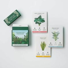 four cards with plants on them sitting next to each other and one has a green plant in the middle