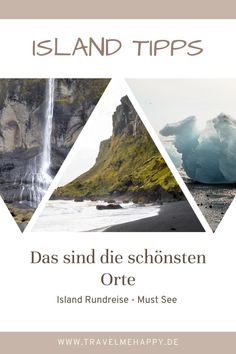 an advertisement for the island trip with pictures of icebergs, mountains and water