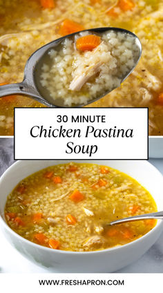 chicken pasta soup in a white bowl with a spoon and title overlay reads 30 minute chicken pasta soup