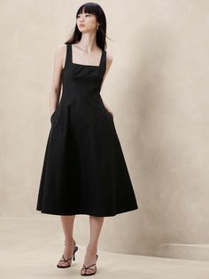 Natalia Square-Neck Midi Dress | Banana Republic Billowy Square Neck Midi Dress For Daywear, Midi Dress With Gathered Square Neckline, Black Square Neck Midi Dress, Black Midi Dress With Smocked Back And Square Neck, Black Square-neck Midi Dress For Beach, Black Tank Dress, Square Neck Dress, Summer Styles, Dolman Sleeve