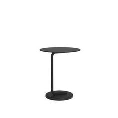 a black table with a round top and metal base on an isolated white background,