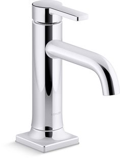 a chrome colored faucet on a white background