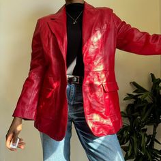 Vintage lightweight red leather blazer jacket  Size: unknown fits like a size M/L Model is size S  Height 5'9 💛Please refer to measurements for accurate fit💛 Shoulder to shoulder: 18" Pit to pit: 21.5" Arm length unfolded: 23.5" Length: 30.5" Brand: Unknown  Material: unknown feels like real leather  📌Please read shop policy📌 💕All buttons are missing💕 💕Ask me any questions💕 Red Leather Long Sleeve Blazer, Red Leather Blazer With Long Sleeves, Red Leather Jacket For Formal Occasions, Formal Red Leather Jacket, Red Fitted Leather Jacket For Formal Occasions, Formal Red Fitted Leather Jacket, Red Single-breasted Leather Outerwear, Fall Red Leather Blazer, Red Leather Blazer For Fall