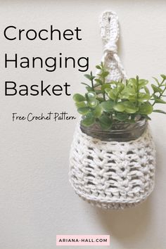 a crochet hanging basket with a plant in it and the text, free crochet pattern