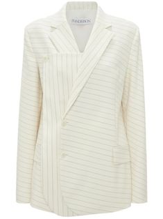 ivory white wool blend pinstripe pattern layered design notched lapels off-centre front button fastening long sleeves buttoned cuffs two front flap pockets straight hem J W Anderson, Layered Design, Jw Anderson, Womens Blazers, White Blazer, Ivory White, Black Blazers, Blazers For Women, Outerwear Women