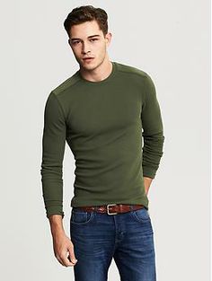 Waffle-Knit Crew | Banana Republic Waffle Knit Long Sleeve Top For Work, Classic Fall Waffle Knit Tops, Fitted Waffle Knit Crew Neck Top, Green Ribbed Tops For Workwear, Green Ribbed Tops For Work, Fitted Waffle Knit Tops For Winter, Winter Fitted Waffle Knit Tops, Stretch Waffle Knit Tops For Fall, Winter Green Waffle Knit Top