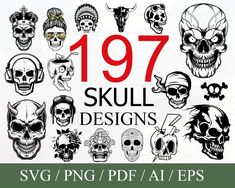 skull designs with different styles and colors for svg, png, dxf