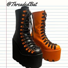 Dolls Kills Black And Orange Platform Boots Trickz N' Treatz Color Me Haunted Traitor Boots Size: Women's 7 6 Inch Platform Condition: New Without Tags! Only Ever Tried On I Ordered The Wrong Size. Shipped Within 24 Hours! All Sales Final. Please Message Me With Any Questions:) Orange And Black Clothes, Orange Alt Outfits, Black And Orange Outfit, Dolls Kill Shoes, Goth Boots, Alternative Shoes, Doc Martens Boots, Goth Shoes, Punk Boots