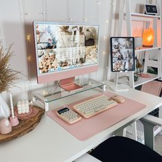 a desk with a keyboard, mouse and monitor on it