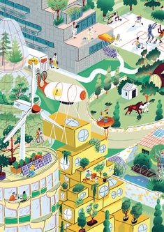 an illustrated city with lots of trees and people walking around the buildings on top of it